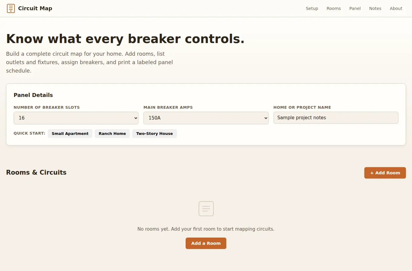 Screenshot of Home Electrical Circuit Mapping Assistant interface showing the project page in use